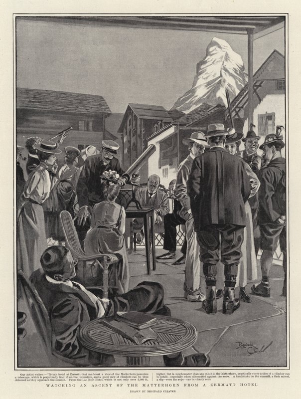 Observando el ascenso del Cervino desde un hotel de Zermatt (litografía) de Reginald Thomas Cleaver
