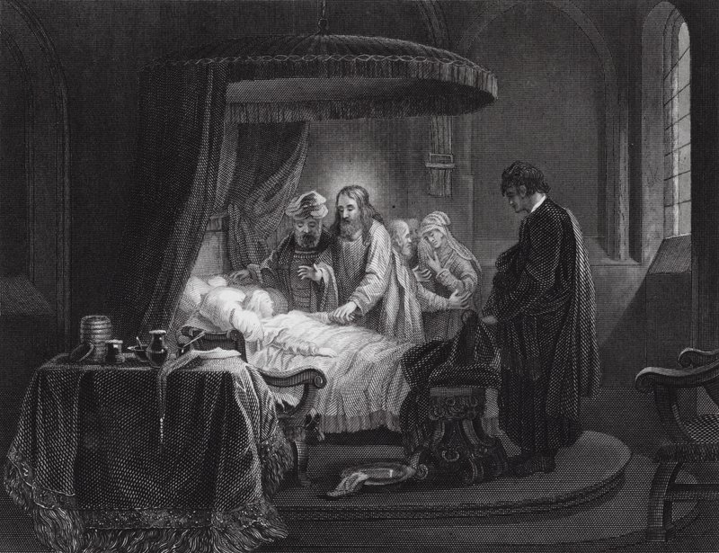 La resurrección de la hija de Jairo, Marcos, cap. V, vs. 35, 42 (grabado) de Rembrandt Harmensz. van Rijn (after)