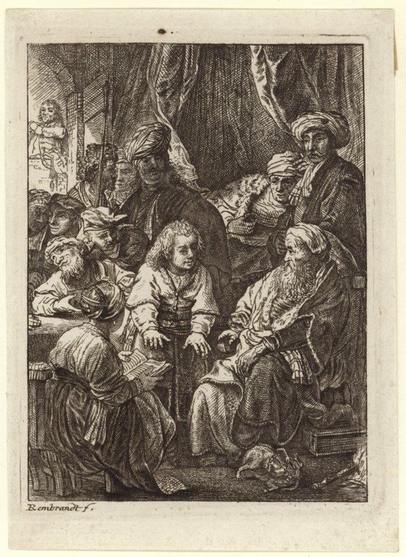 Una multitud de personas reunidas alrededor de un anciano sentado de Rembrandt van Rijn