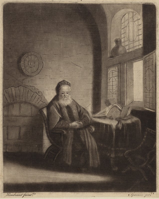 Un filósofo anciano con barba sentado en un escritorio frente a una ventana de Rembrandt van Rijn