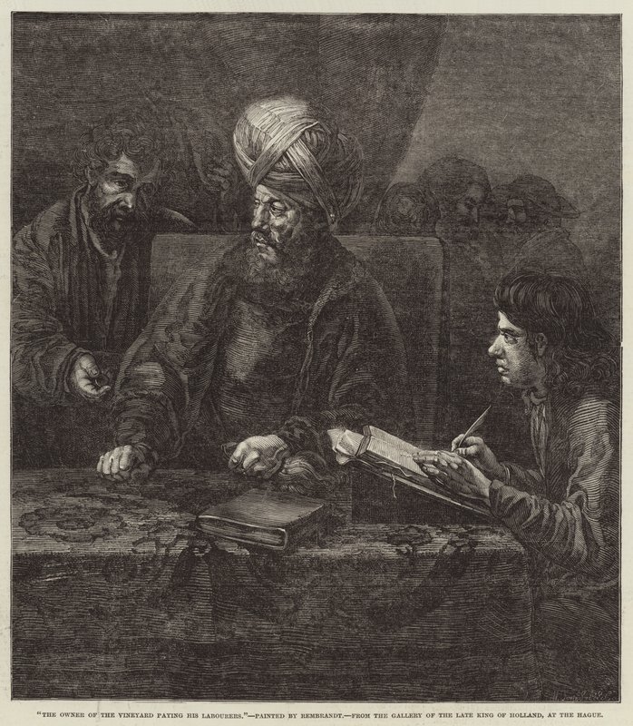 El dueño de la viña pagando a sus trabajadores de Rembrandt van Rijn