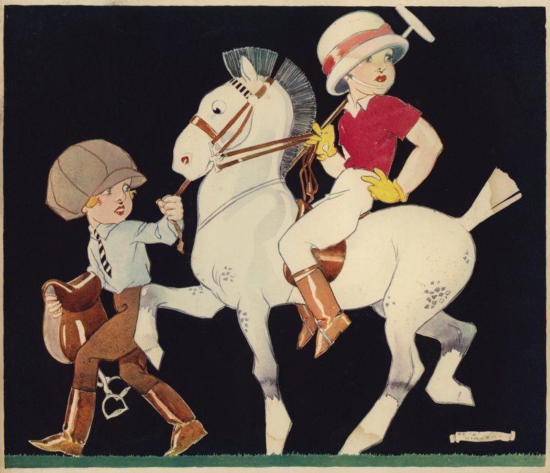 Niño en pony de polo, guiado por una chica de establo de Rene Vincent