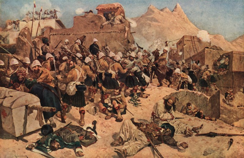 92º Highlanders y 2º Gurkhas asaltando el Gaudi Mullah Sahibdad en Kandahar, Afganistán, 1880 de Richard Caton II Woodville