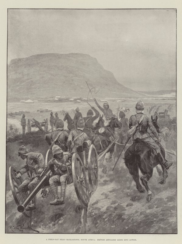 Un día de campo cerca de Charlestown, Sudáfrica, artillería británica entrando en acción de Richard Caton Woodville junior
