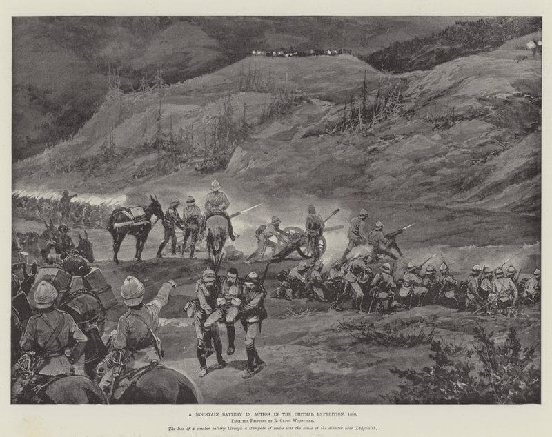 Una batería de montaña en acción en la expedición de Chitral, 1895 de Richard Caton Woodville junior