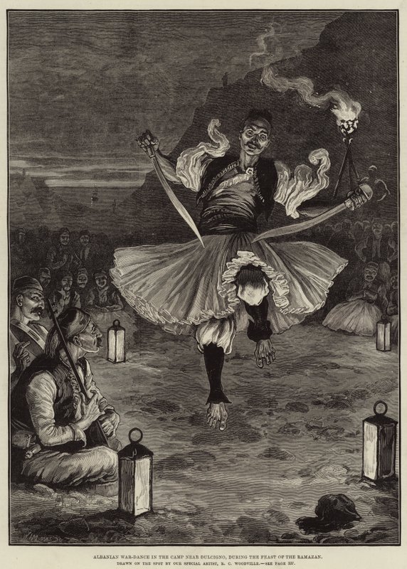 Danza de guerra albanesa en el campamento cerca de Dulcigno, durante la Fiesta del Ramadán de Richard Caton Woodville junior
