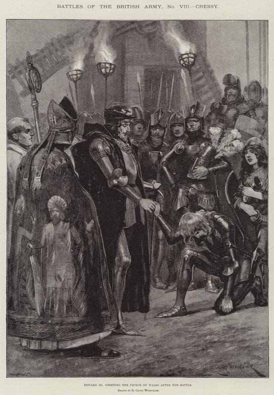 Batallas del ejército británico, Cressy, Eduardo III saludando al Príncipe de Gales después de la batalla de Richard Caton Woodville junior