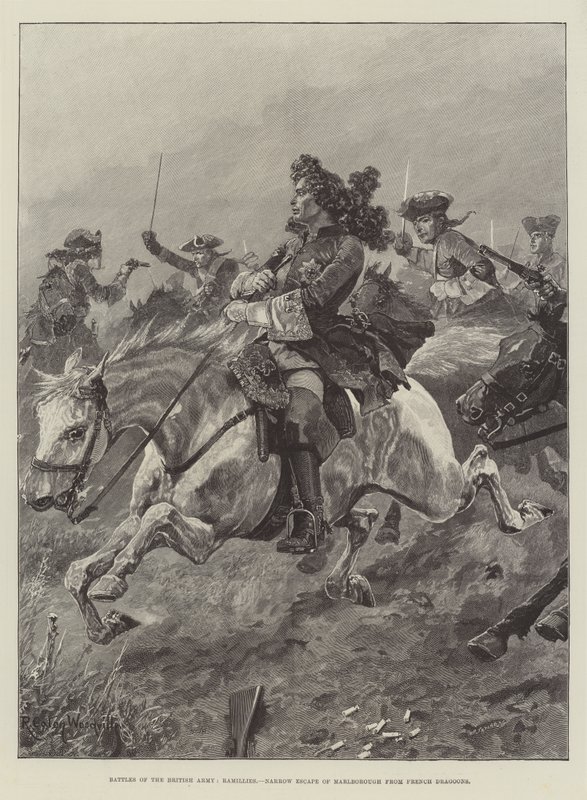 Batallas del ejército británico, Ramillies, escape estrecho de Marlborough de los dragones franceses de Richard Caton Woodville junior