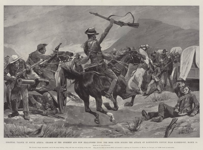 Valentía Colonial en Sudáfrica, Carga de los Bushmen y Neozelandeses sobre los Cañones Bóer durante el Ataque al Convoy de Babington cerca de Klerksdorp, 24 de marzo de Richard Caton Woodville junior
