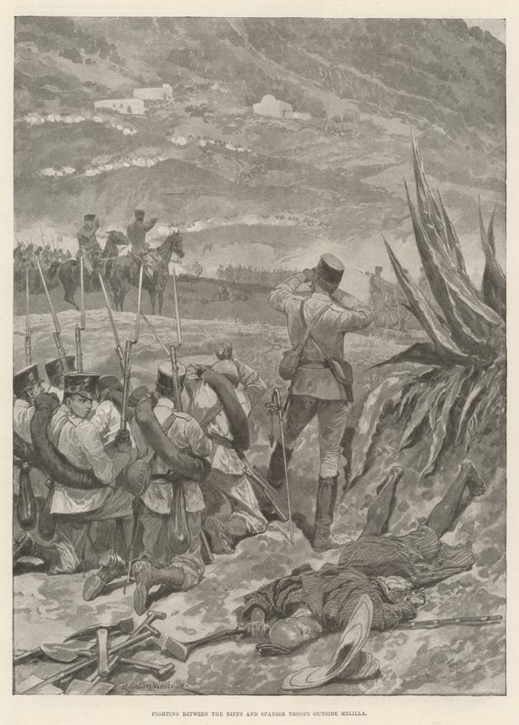 Lucha entre los Riffs y las Tropas Españolas fuera de Melilla de Richard Caton Woodville junior
