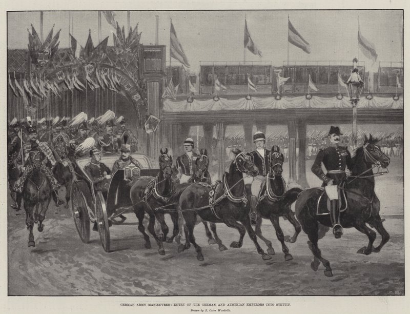 Maniobras del Ejército Alemán, entrada de los Emperadores Alemán y Austriaco en Stettin de Richard Caton Woodville junior
