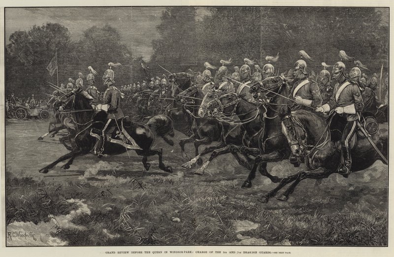 Gran revisión ante la Reina en Windsor Park, carga de los Dragones de la 5ª y 7ª Guardia de Richard Caton Woodville junior