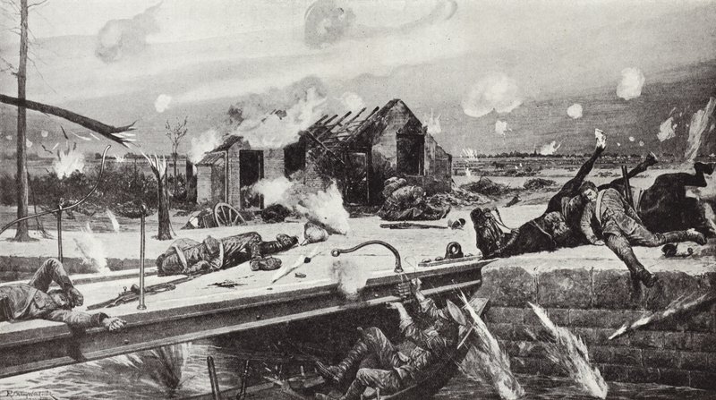 Lance-Cabo Charles Jarvis volando el puente en Jemappes, Bélgica, 23 de Agosto, 1914 de Richard Caton Woodville junior
