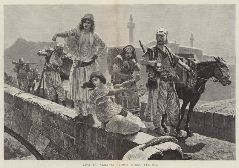 Vida en Albania, chicas gitanas pescando de Richard Caton Woodville junior