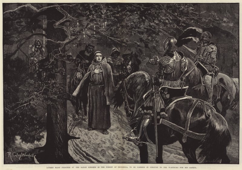 Lutero hecho prisionero por los caballeros sajones en el bosque de Turingia, para ser llevado disfrazado al Wartburg por su seguridad de Richard Caton Woodville junior
