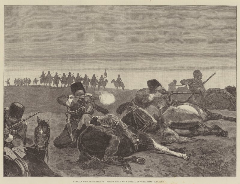 Preparativos de Guerra Rusos, Ejercicio de Tiro de una Sotnia de Cosacos Circassianos de Richard Caton Woodville junior