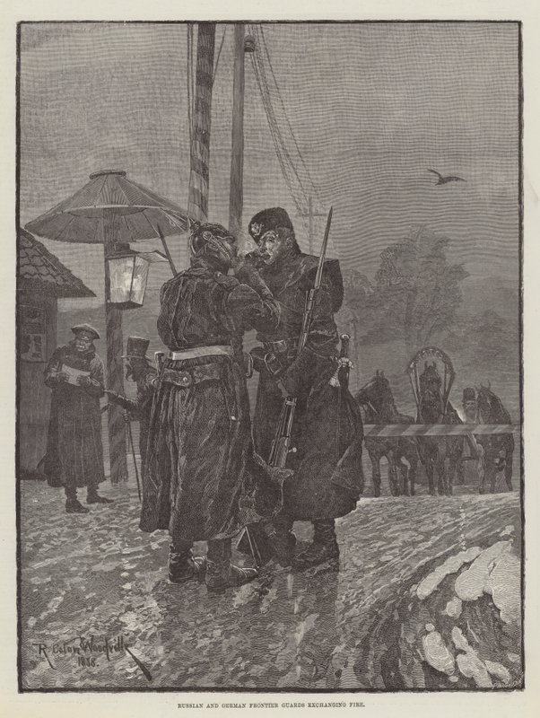Guardias fronterizos rusos y alemanes intercambiando disparos de Richard Caton Woodville junior
