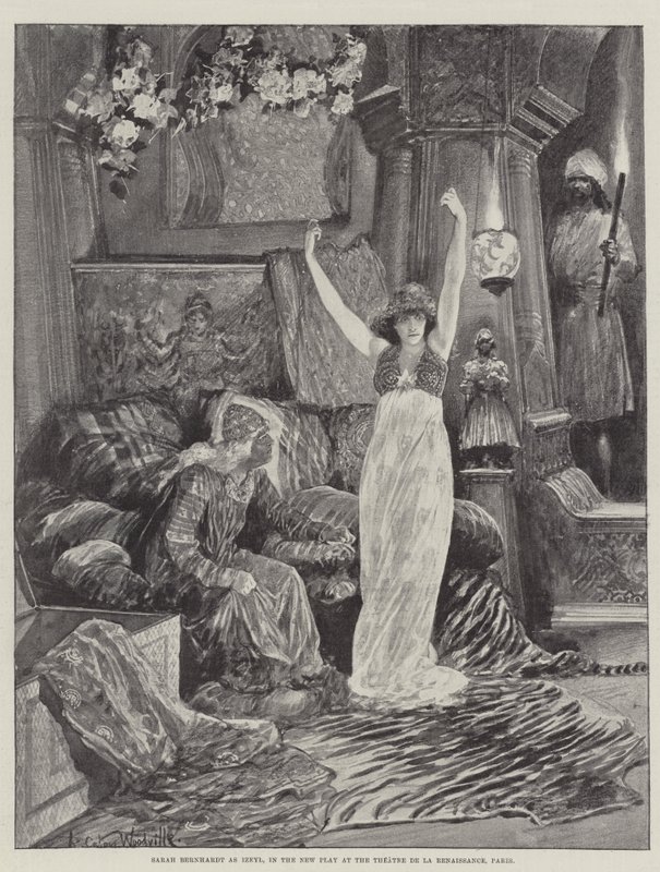 Sarah Bernhardt como Izeyl, en la nueva obra en el Théâtre de la Renaissance, París de Richard Caton Woodville junior