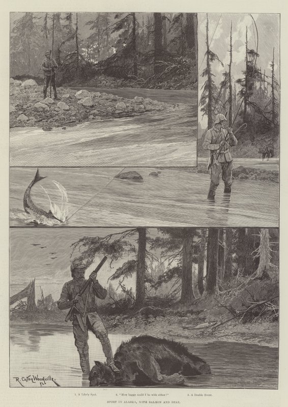 Deporte en Alaska, con salmón y oso de Richard Caton Woodville junior