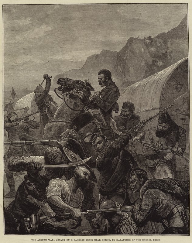 La guerra afgana, ataque a un tren de equipajes cerca de Koruh, por merodeadores de la tribu Mangal de Richard Caton Woodville junior