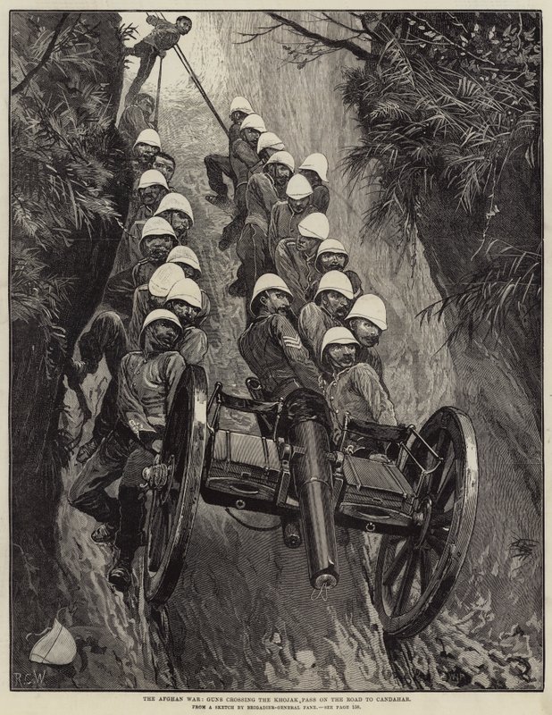 La guerra afgana, cañones cruzando el paso Khojak en el camino a Candahar de Richard Caton Woodville junior