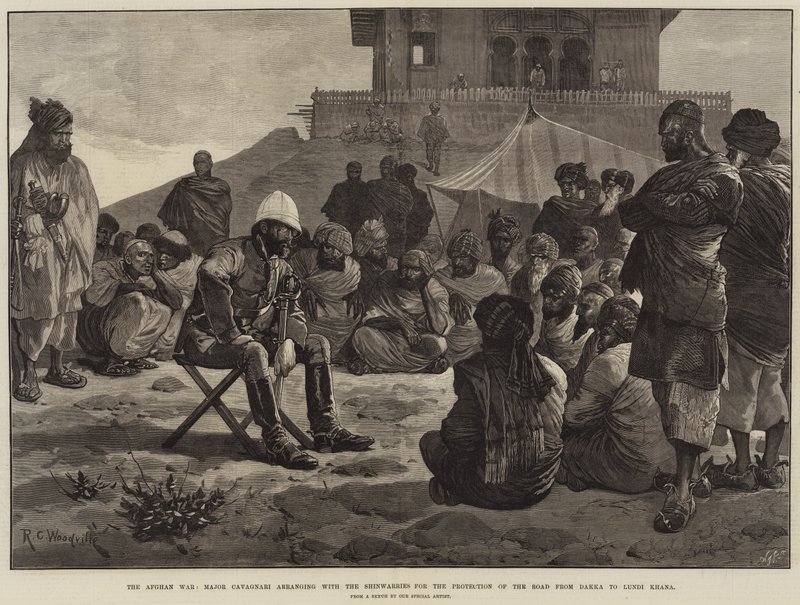 La guerra afgana, el mayor Cavagnari arreglando con los Shinwarries la protección del camino de Dakka a Lundi Khana de Richard Caton Woodville junior