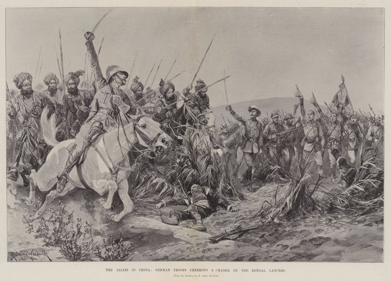Los Aliados en China, tropas alemanas vitoreando una carga de los lanceros de Bengala de Richard Caton Woodville junior