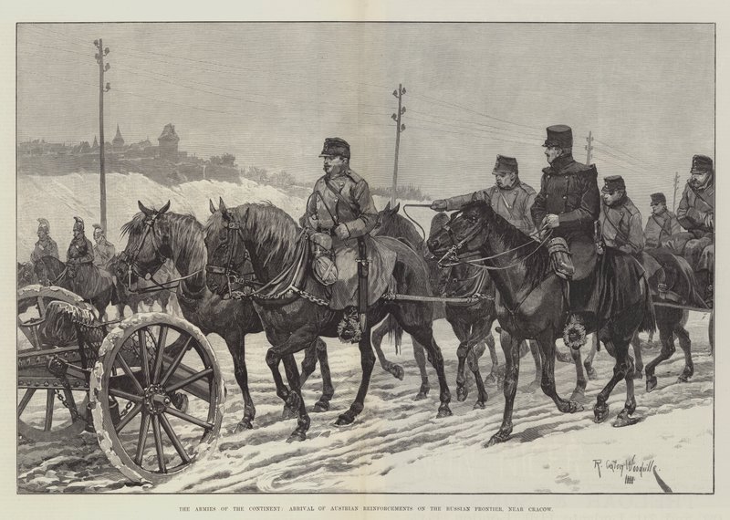 Los ejércitos del continente, llegada de refuerzos austriacos en la frontera rusa, cerca de Cracovia de Richard Caton Woodville junior