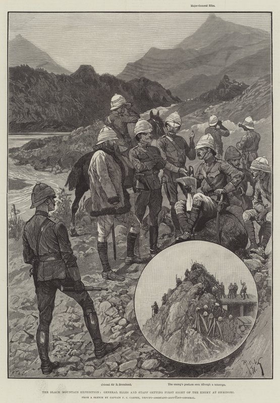 La expedición de la Montaña Negra, el General Elles y su personal viendo por primera vez al enemigo en Shringri de Richard Caton Woodville junior