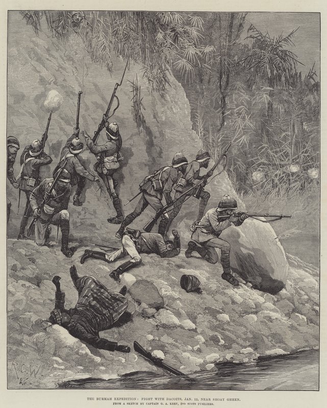 La Expedición de Birmania, Lucha con Dacoits, 12 de Enero, cerca de Shoay Gheen de Richard Caton Woodville junior