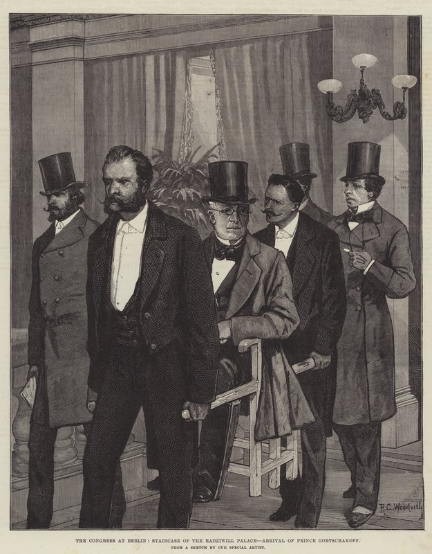 El Congreso de Berlín, escalera del Palacio Radziwill, llegada del príncipe Gortschakoff de Richard Caton Woodville junior