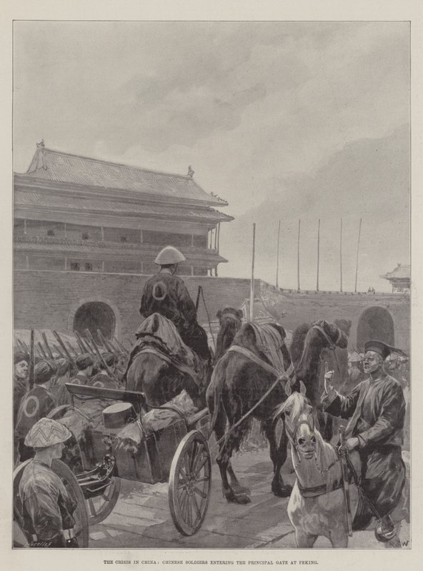 La crisis en China, soldados chinos entrando por la puerta principal en Pekín de Richard Caton Woodville junior