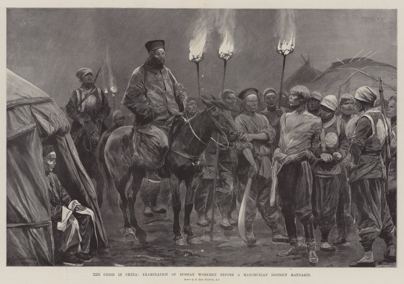 La crisis en China, examen de trabajadores rusos ante un mandarín del distrito de Manchuria de Richard Caton Woodville junior