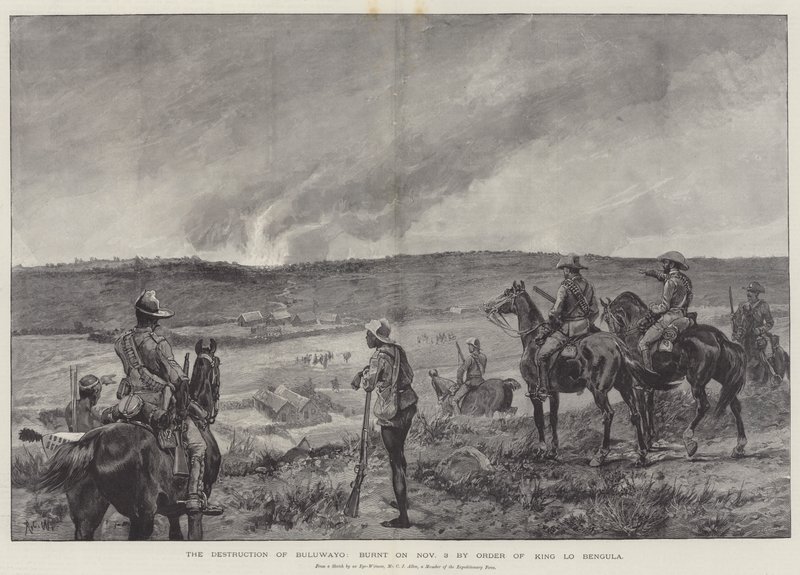 La destrucción de Buluwayo, quemado el 3 de noviembre por orden del Rey Lo Bengula de Richard Caton Woodville junior