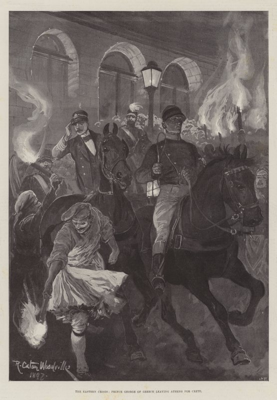 La crisis oriental, el príncipe Jorge de Grecia saliendo de Atenas hacia Creta de Richard Caton Woodville junior