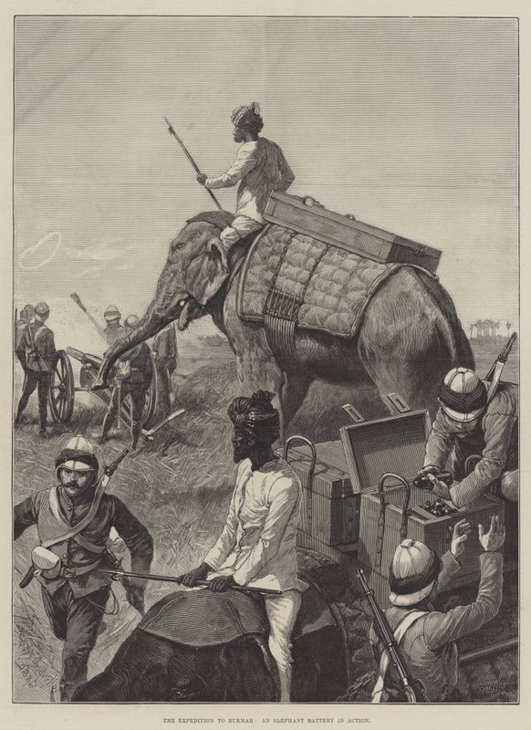 La expedición a Birmania, una batería de elefantes en acción de Richard Caton Woodville junior