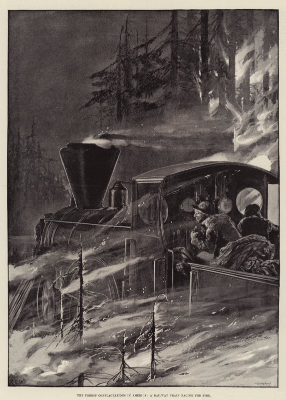 Los Incendios Forestales en América, un Tren de Ferrocarril compitiendo con el Fuego de Richard Caton Woodville junior