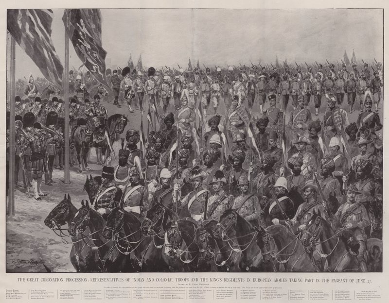 La gran procesión de coronación, representantes de tropas indias y coloniales y los regimientos del rey en ejércitos europeos participando en el desfile del 27 de junio de Richard Caton Woodville junior