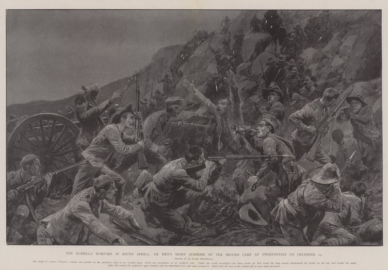 La guerra de guerrillas en Sudáfrica, la sorpresa nocturna de De Wet en el campamento británico en Tweefontein el 24 de diciembre de Richard Caton Woodville junior