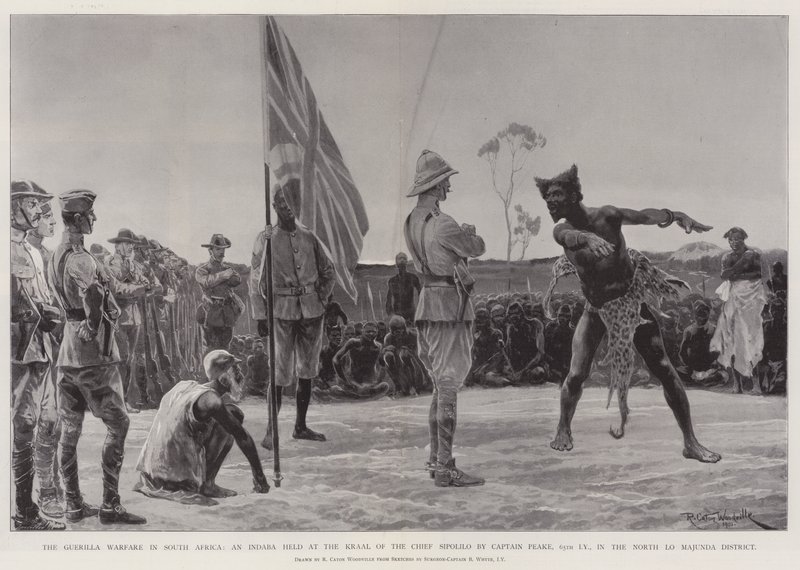 La Guerra de Guerrillas en Sudáfrica, una Indaba celebrada en el Kraal del Jefe Sipolilo por el Capitán Peake, 65º de la Caballería Imperial, en el Distrito Norte de Lo Majunda de Richard Caton Woodville junior
