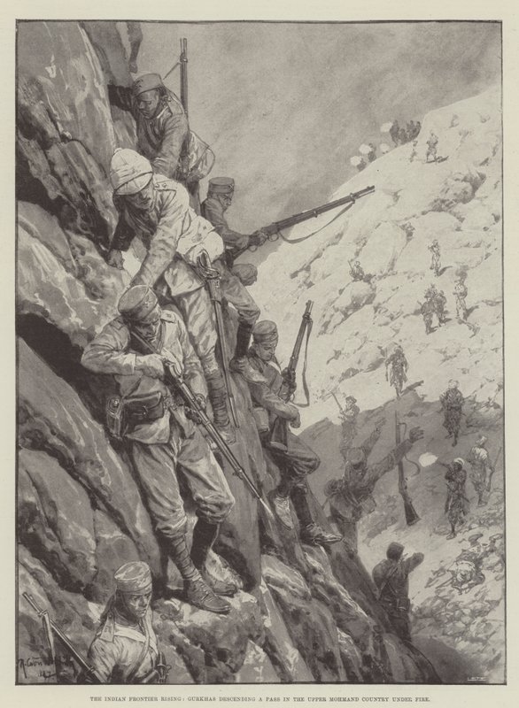El levantamiento en la frontera india, Gurkhas descendiendo un paso en el Alto País Mohmand bajo fuego de Richard Caton Woodville junior