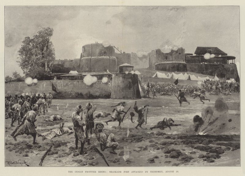 El Levantamiento de la Frontera India, Fuerte Shabkadr Atacado por Tribus, 10 de Agosto de Richard Caton Woodville junior