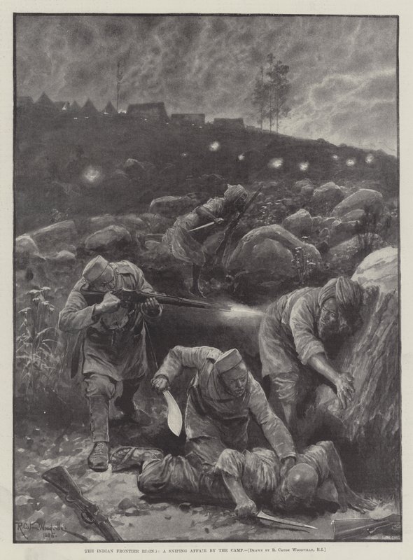El levantamiento de la frontera india, un asunto de francotiradores en el campamento de Richard Caton Woodville junior