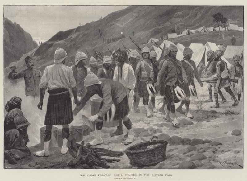 El levantamiento de la frontera india, acampando en el paso de Khyber de Richard Caton Woodville junior