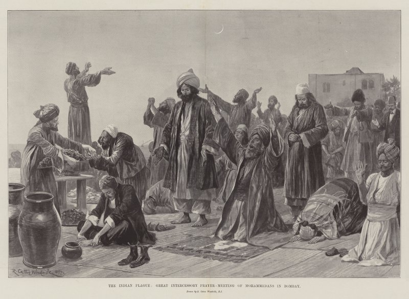 La plaga india, gran reunión de oración intercesora de musulmanes en Bombay de Richard Caton Woodville junior