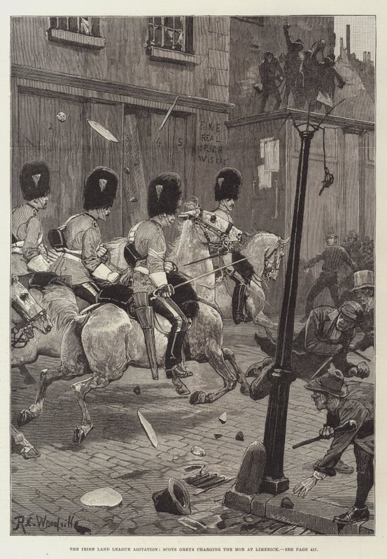 La agitación de la Liga de Tierras Irlandesa, los Scots Greys cargando contra la multitud en Limerick de Richard Caton Woodville junior