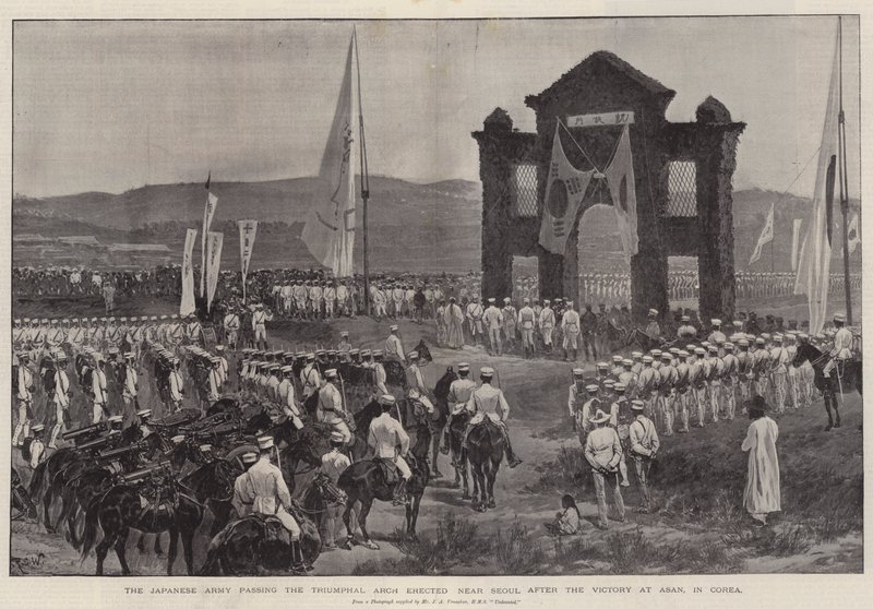 El ejército japonés pasando el Arco de Triunfo erigido cerca de Seúl después de la victoria en Asan, en Corea de Richard Caton Woodville junior