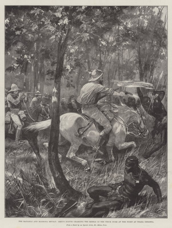 La Revuelta de Matabili y Mashona, los Scouts de Grey cargando contra los Rebeldes en el Espeso Matorral en la Batalla de Thaba Imbamba de Richard Caton Woodville junior