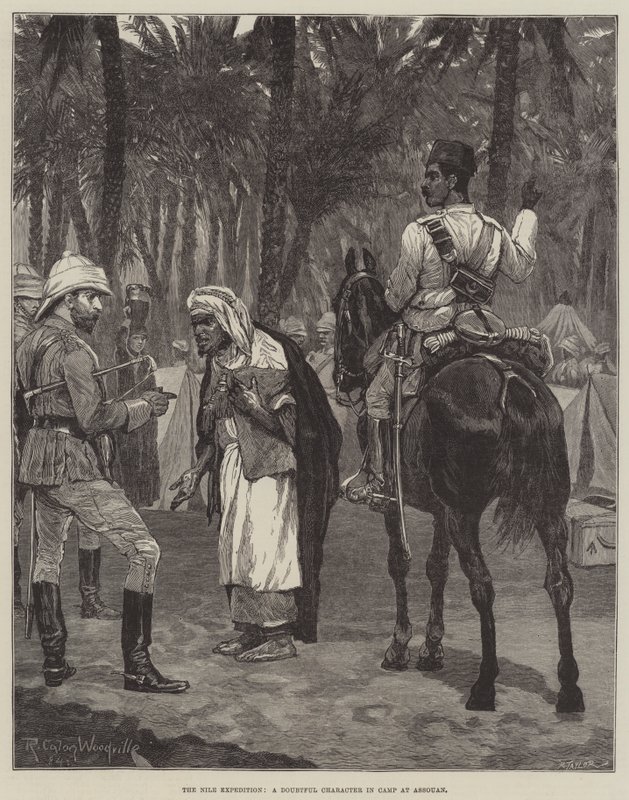 La expedición del Nilo, un personaje dudoso en el campamento en Asuán de Richard Caton Woodville junior
