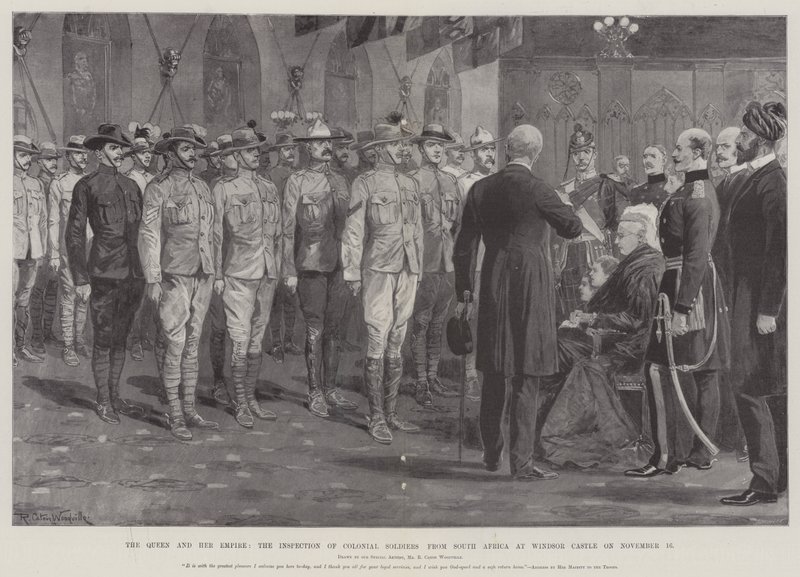 La Reina y su Imperio, la Inspección de Soldados Coloniales de Sudáfrica en el Castillo de Windsor el 16 de noviembre de Richard Caton Woodville junior